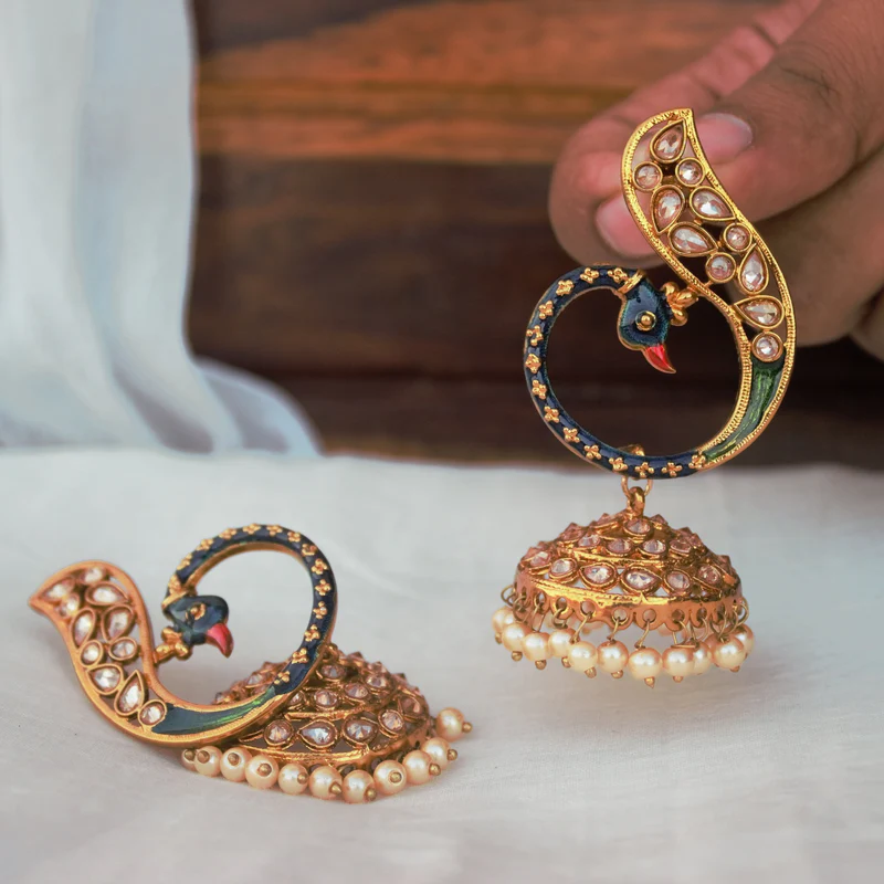 Peacock Meenakari Polki Earrings